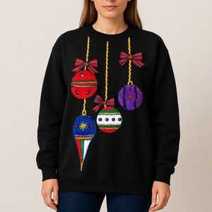 Vntg Kris Michele Black Christmas Ornament Sweatshirt Plaid Bows Sequins Beads